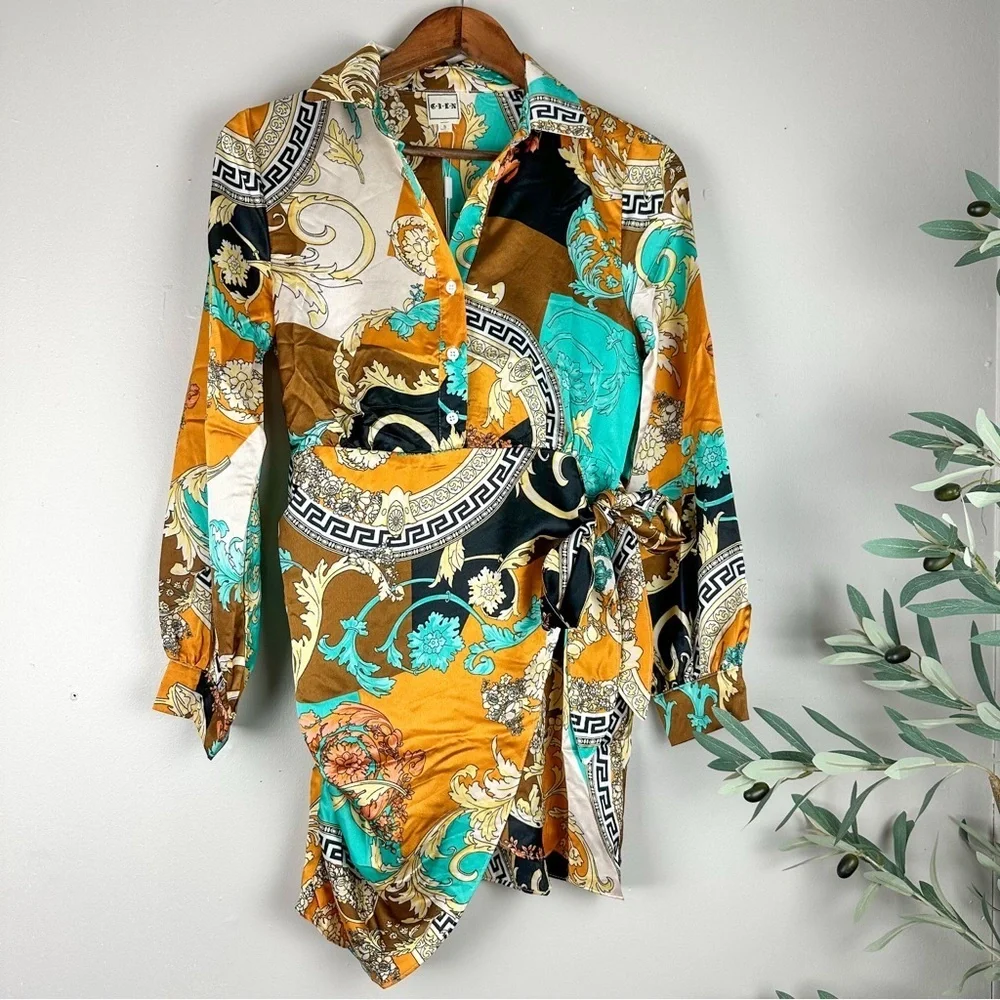 Women Baroque Print Muliti Patterned Button Down Mini Wrap Tied Stain Dress